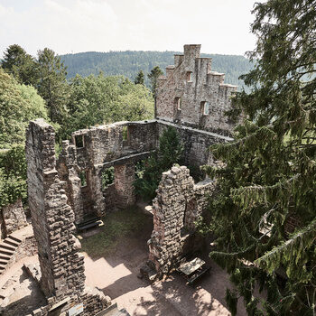 Die Zavelsteiner Burgruine umrahmt von den Bäumen des Schwarzwaldes.