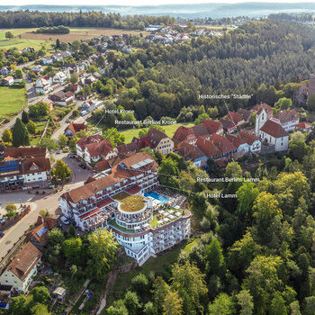 Wellnesshotel Kronelamm im Schwarzwald sowie die Stadt Zavelstein umrahmt von grünen Wäldern.